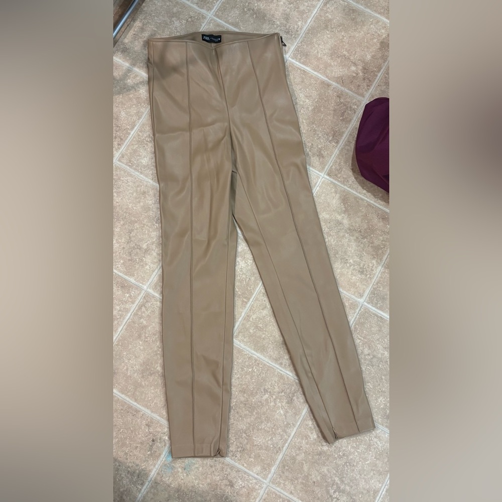 Zara Tan Straight Leg Women's Faux Leather Pants Size Medium